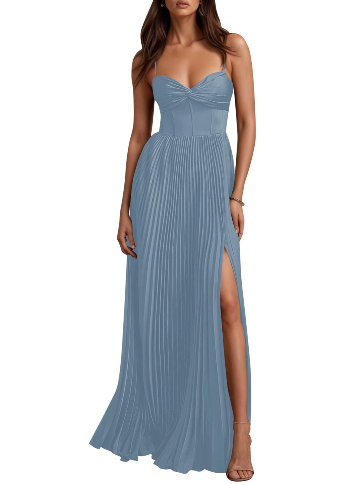Formal Winter Wedding Guest Dress Satin A Line Maxi Pleated Bridesmaid Dresses for Women Long Evening Gown with