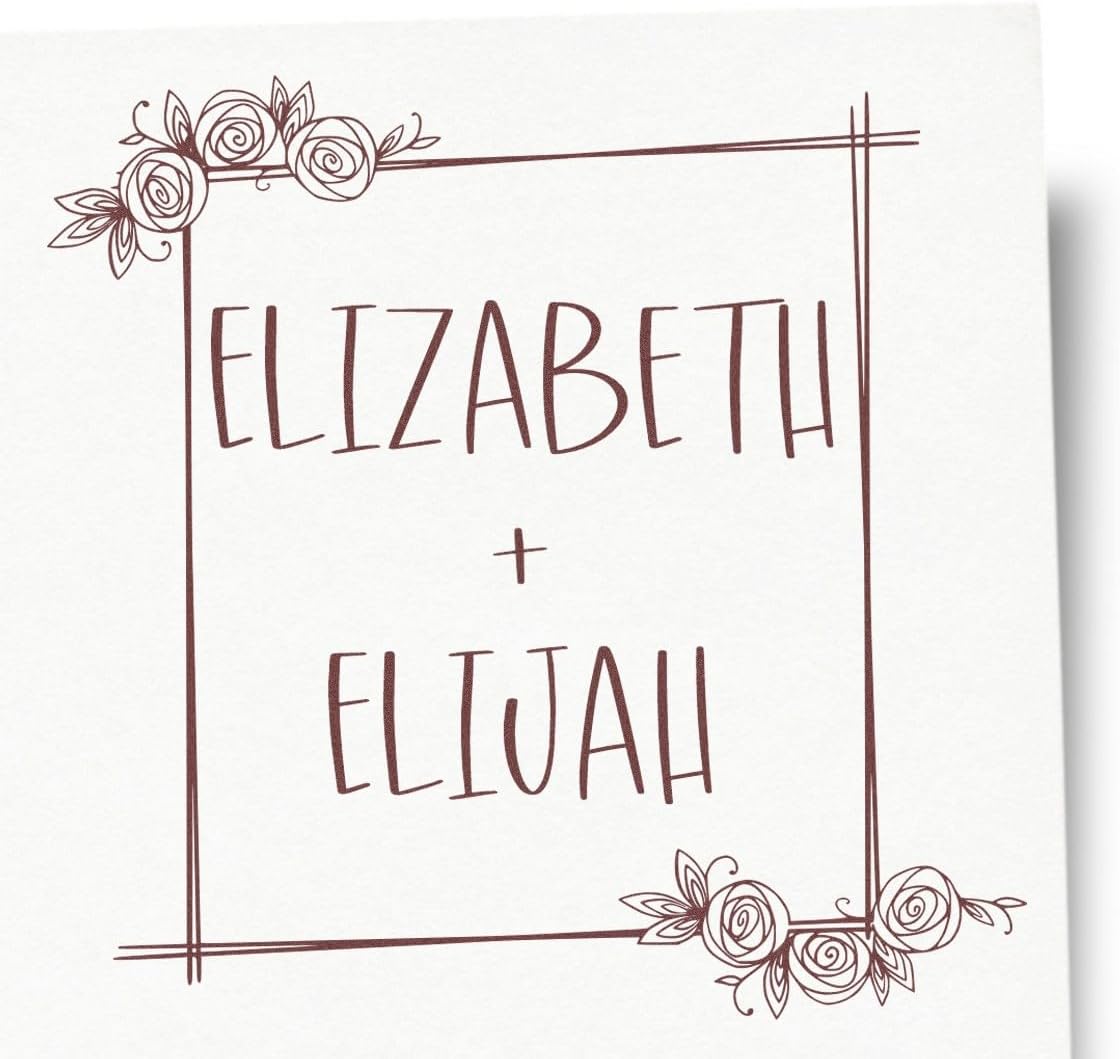 Custom Wedding Envelope Self-Inking Stamp with Floral Love Frame Design | Customized Couples Monogram for Wedding Invitations & Thank You Cards | Elegant 1-5/8" Square Stamp | Wedding Stationery