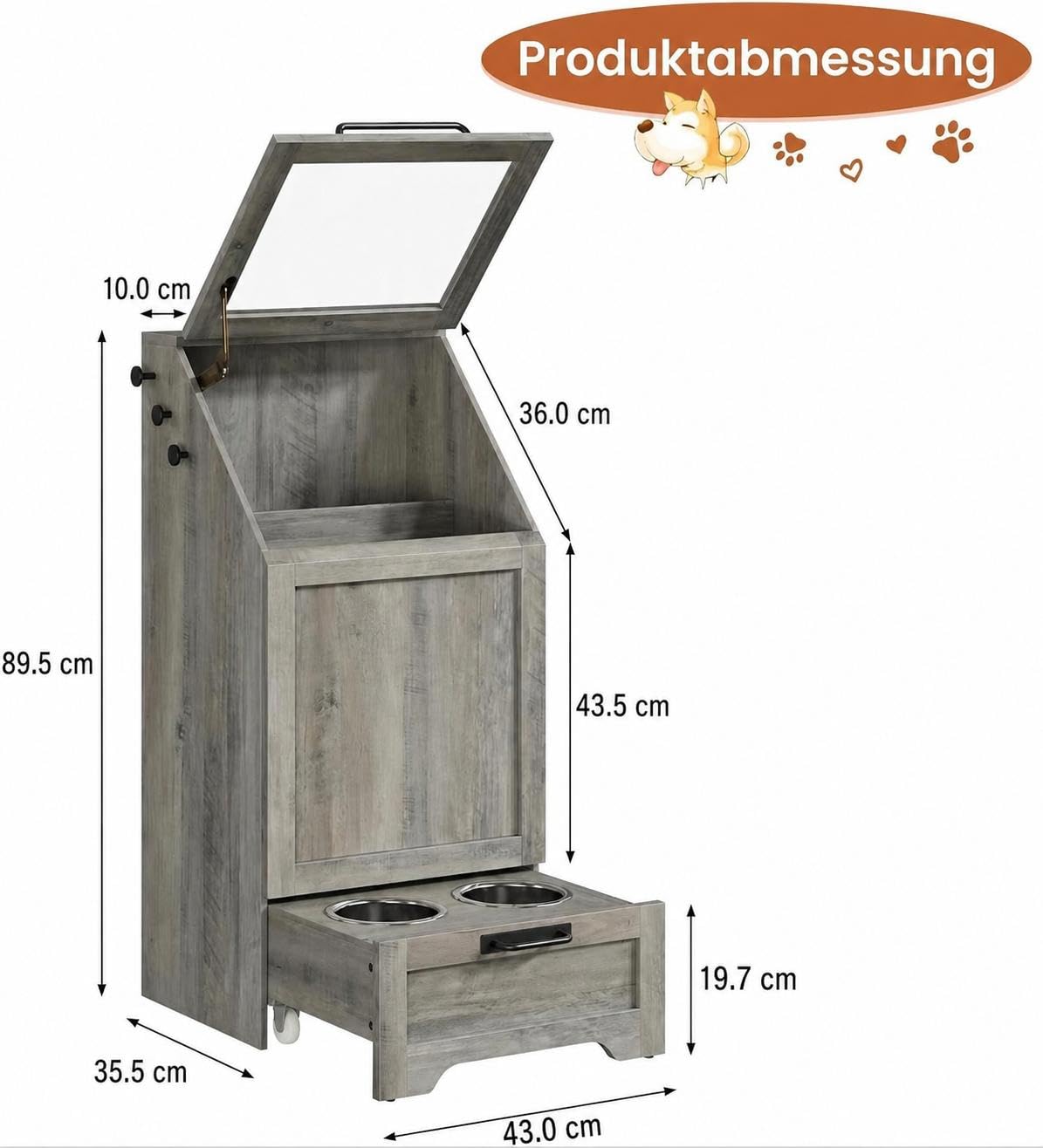 Hundefutterbox mit Klappdeckel - Futterschrank Hund mit Stauraum, Große Futteraufbewahrung für Hunde, Luftdichte Futterbox für Trockenfutter, Vorratsschrank Hundefutter weiß，90 x 43 x 35 cm