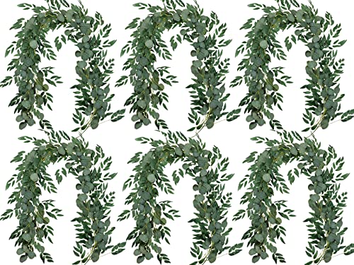Falflor 6Pcs Blended Greenery Garland Artificial Eucalyptus and Willow Leaves Table Runner Vine for Christmas Wedding Home Decor