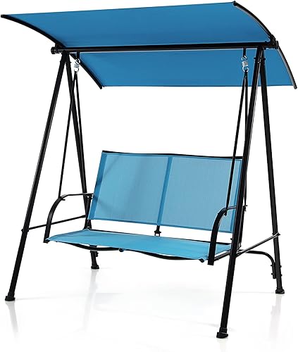 Tangkula Columpio de porche para 2 personas, columpio de patio con toldo ajustable, asiento de tela cómodo y marco de acero resistente, columpio