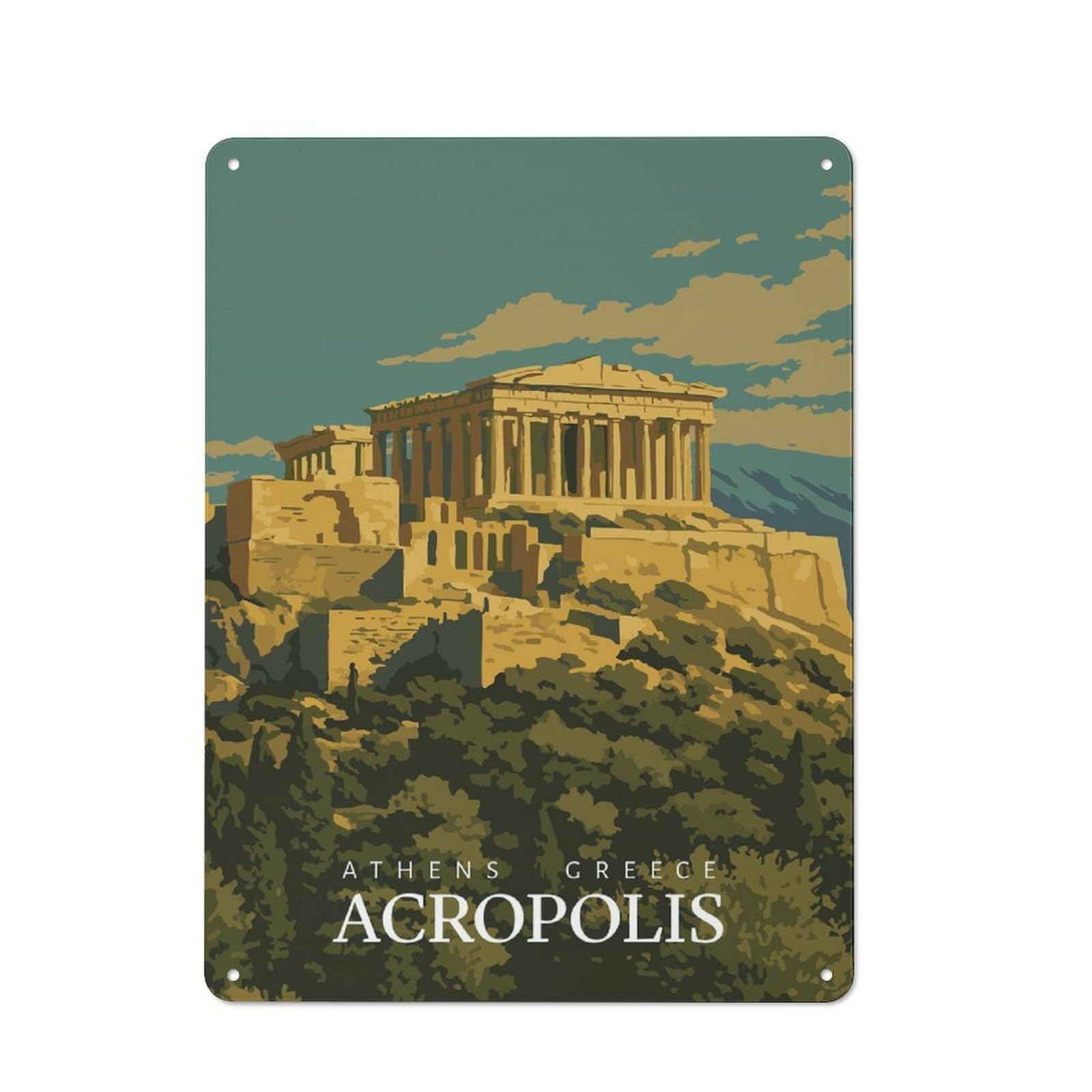 Junmoney Style-20 Decorative Tin Plaque With Acropolis, Athens, Greece Travel Design 40X30cm, Decorative Novelty Wall Art For Bedroom, Kitchen, Office Or Living Room