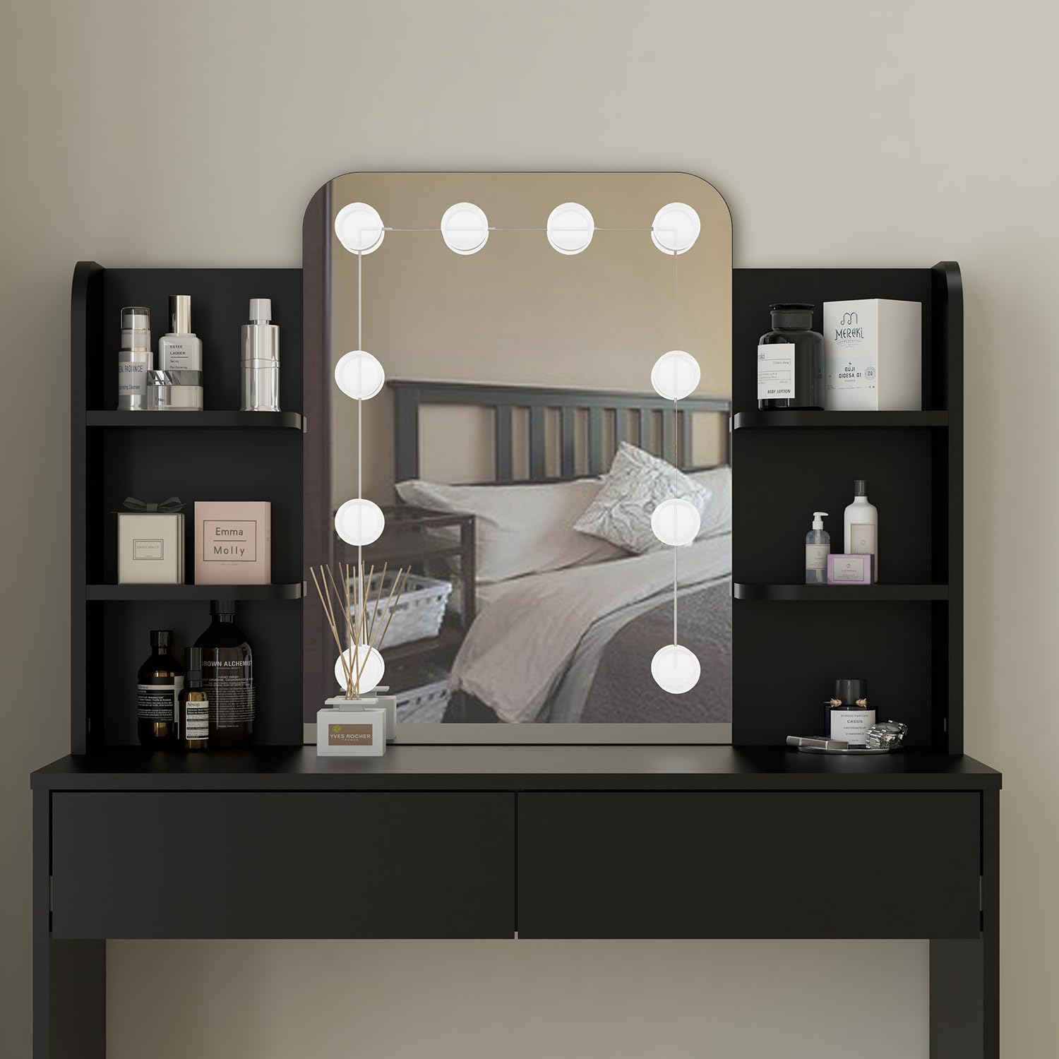 Coiffeuse Avec Miroir LED Panana - 4 Étagères, 2 Tiroirs, Design Moderne Noir