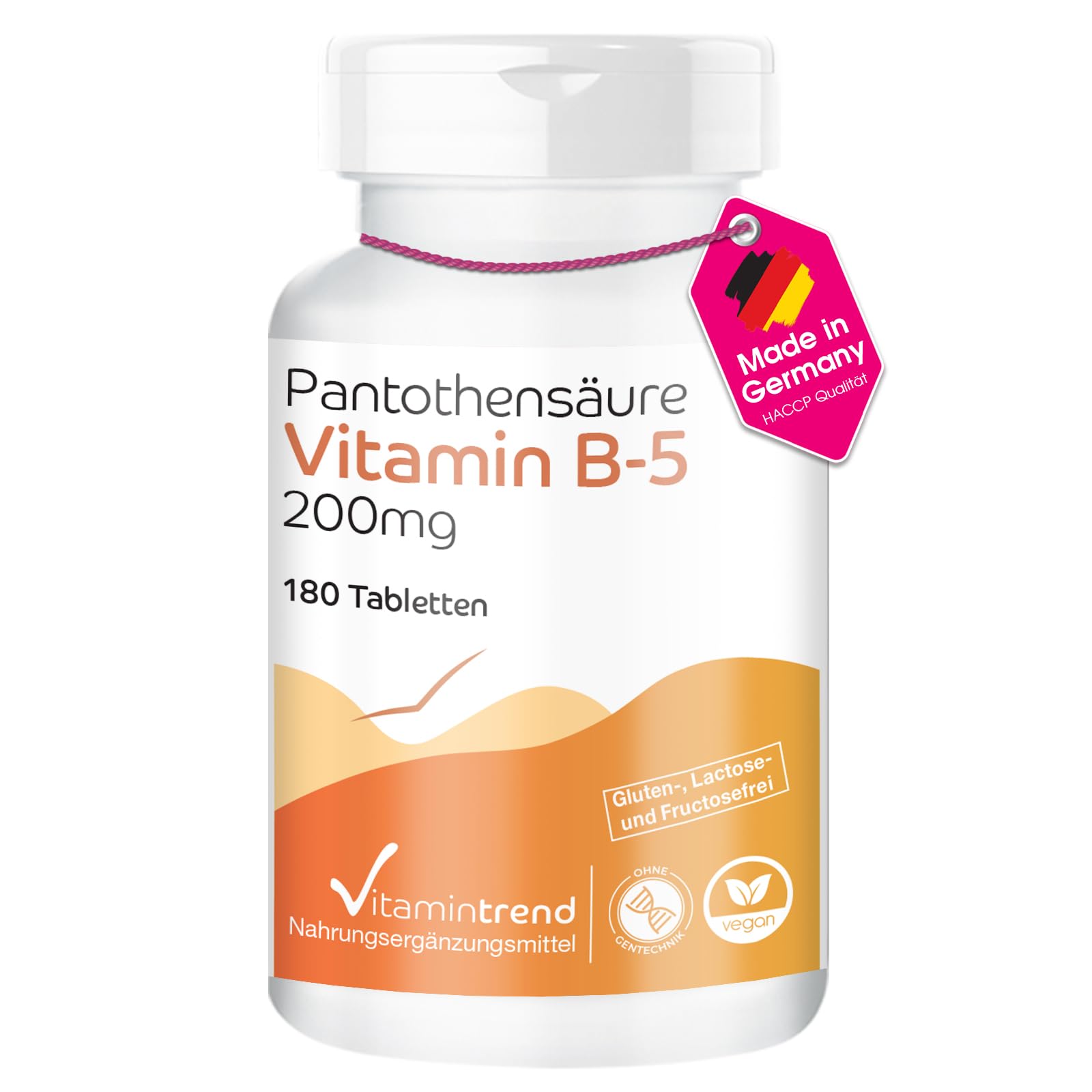 Vitamintrend Acide pantothénique Vitamine B5 200 mg, 180 comprimés, facile à avaler, hautement dosé, complément alimentaire végan sans stéarate de magnésium, fabriqué en Allemagne
