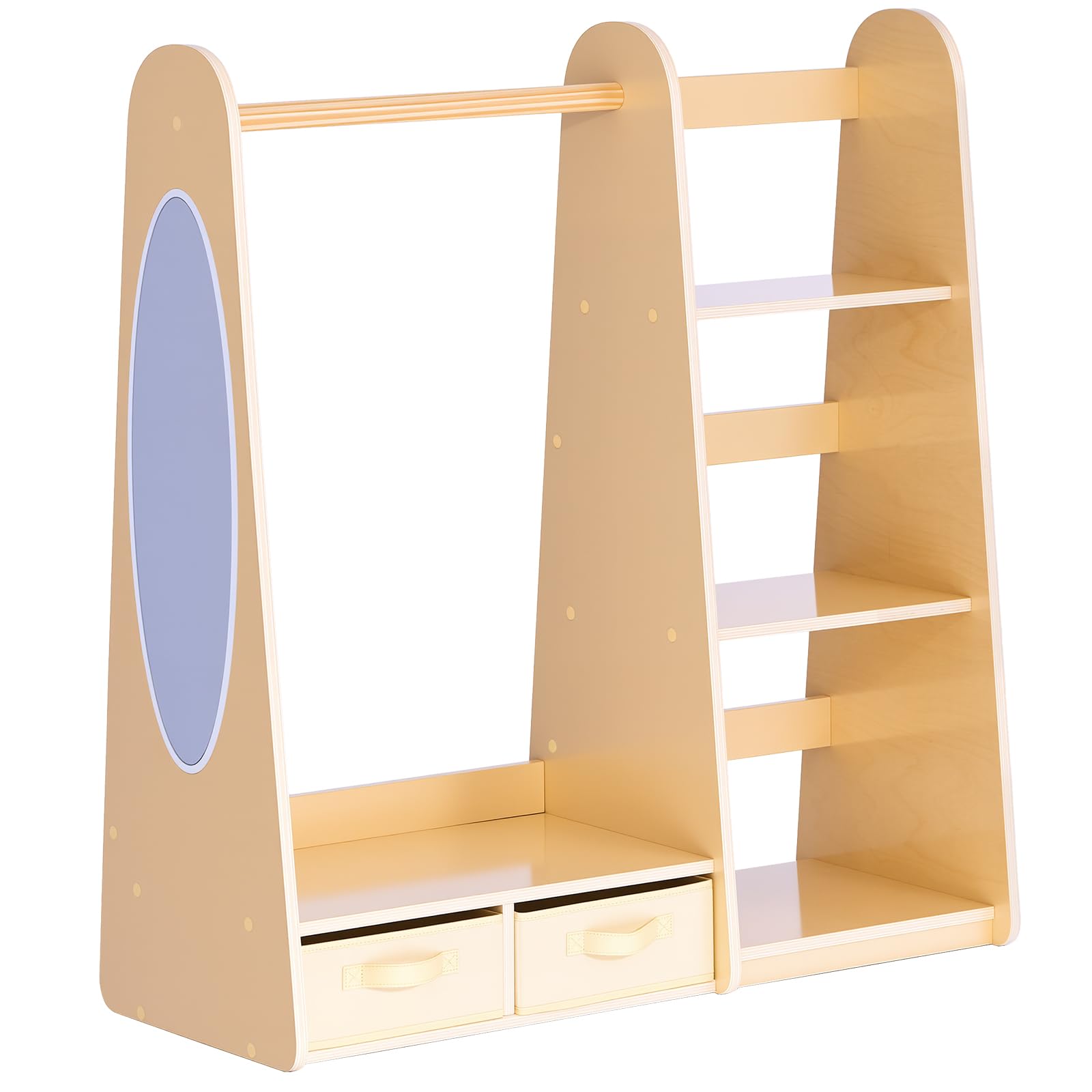 VEVOR Armario de Disfraces para Niños con Espejo, Mueble Montessori de Madera Natural, Perchero Infantil con Estantes, Organizador de Ropa con Compartimentos y Barra para Cuarto de Juegos y Dormitorio