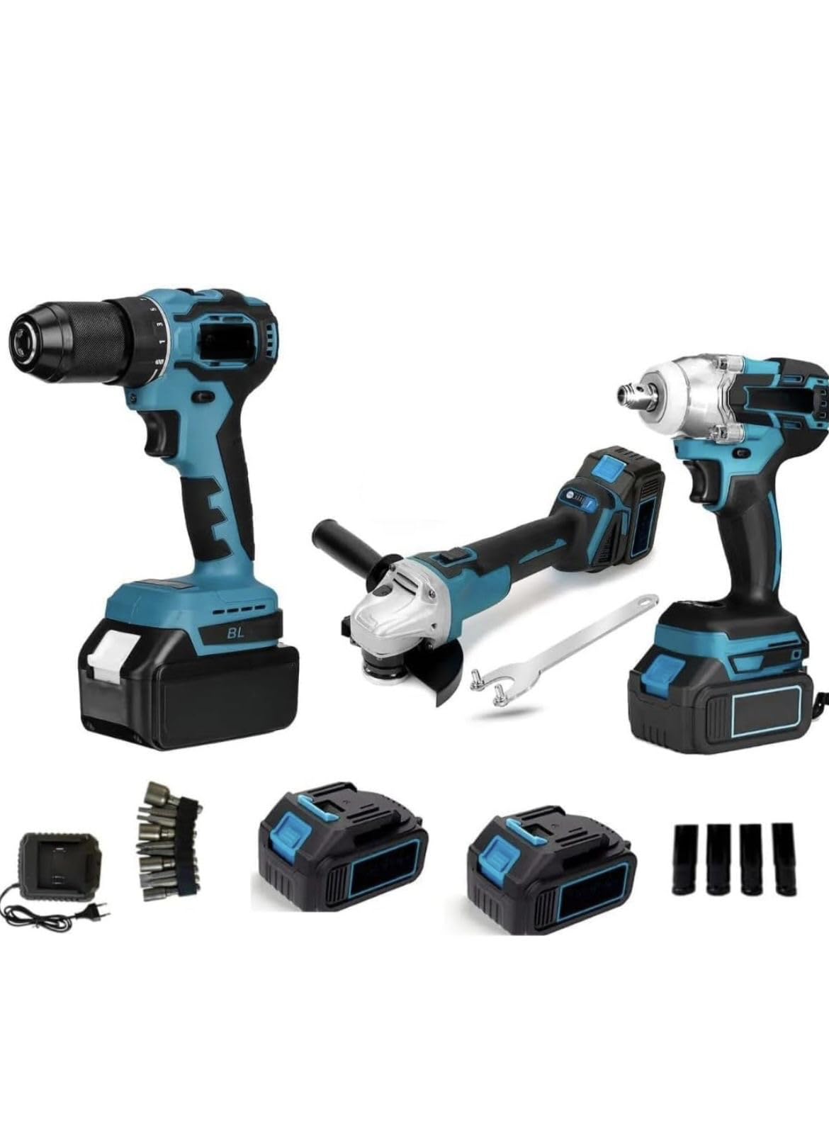 Kit de Herramientas Inalámbricas 3 Piezas, Taladro Percutor, Atornillador de Impacto y Amoladora, con 2 Baterías y Maletín, Juego Profesional para Bricolaje