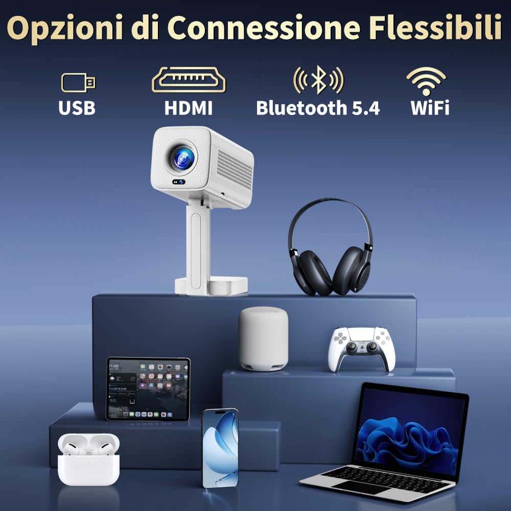 [2026 Upgraded & Apps Integrate] Proiettore 4K Support 1080P & Auto Focus/Keystone e Rotabile 90°, Mini Proiettore con WiFi 6 e Bluetooth 5.4 Compatibile con HDMI/TV Stick/Memory Stick/Laptop - Bianco