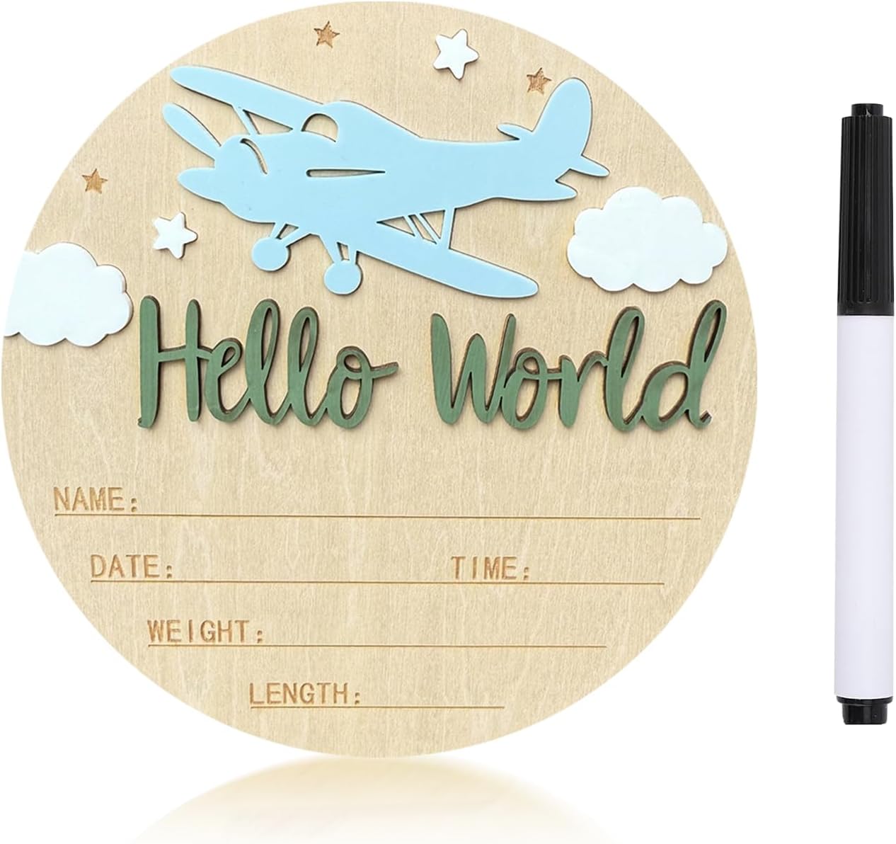 Baby Announcement Sign, 5.9 Inch Wooden Hello World Newborn Sign,Welcome Baby Signs,Birth Announcement Signs,Newborn Name Personalized for Photo Prop Vintage Airplane Design Hospital Nursery (White,White)