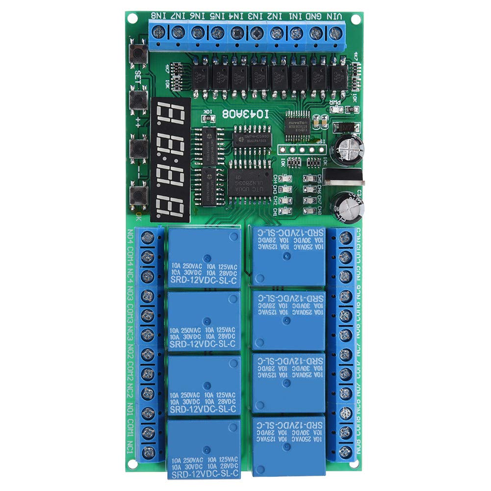 Relais de minuterie, DC 12V Module de relais à 8 canaux Module de relais de temporisation multifonction Carte d'interface Module de commutation de relais de temporisation