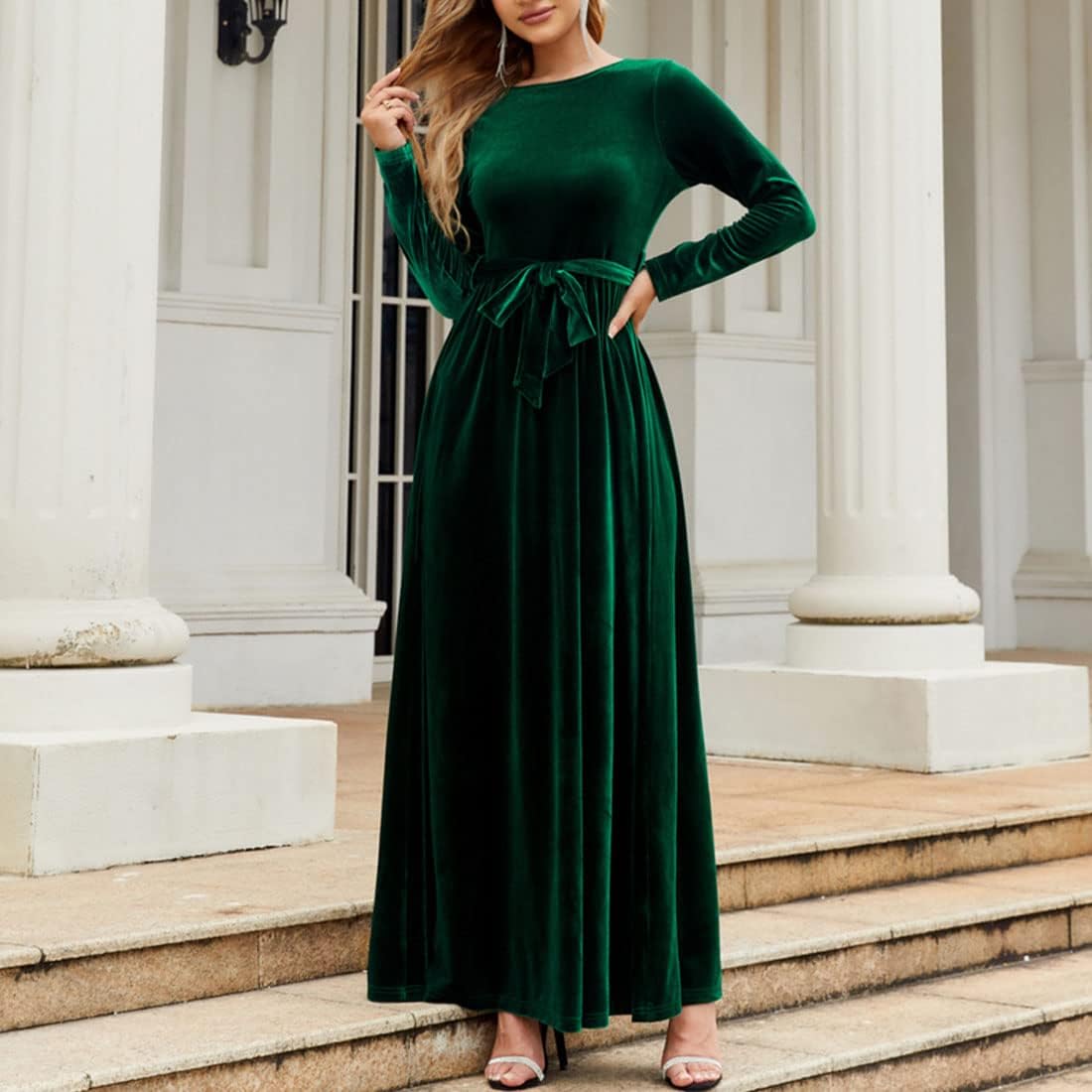 Women's Elegant Velvet Belted Pleated Long Sleeve Cocktail Party Formal Wedding Guest A-Line Maxi Long Dress - Image 2