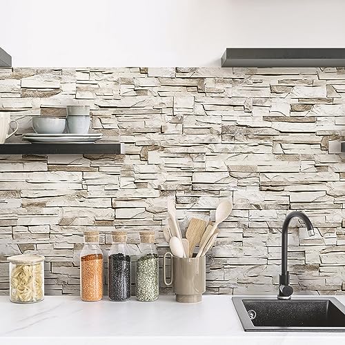 Crearreda Panel Antisalpicaduras De Cocina Adhesivo De Pared Fácil De Aplicar, Color Beige Piedras, 260 X 60 Cm, 100 Fabricado En Italia, Ignífugo Y Resistente Al Agua, Protección Contra