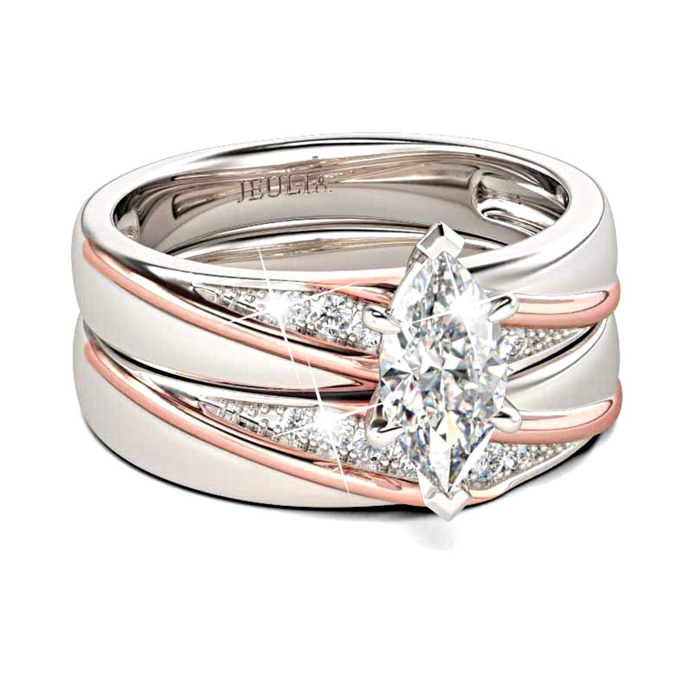 Jeulia 2 Stück Damen Ringe Set Sterling Silber Diagonal Marquise-Schliff Ringe Schmuck für Braut Hochzeit Band Verlobungsring