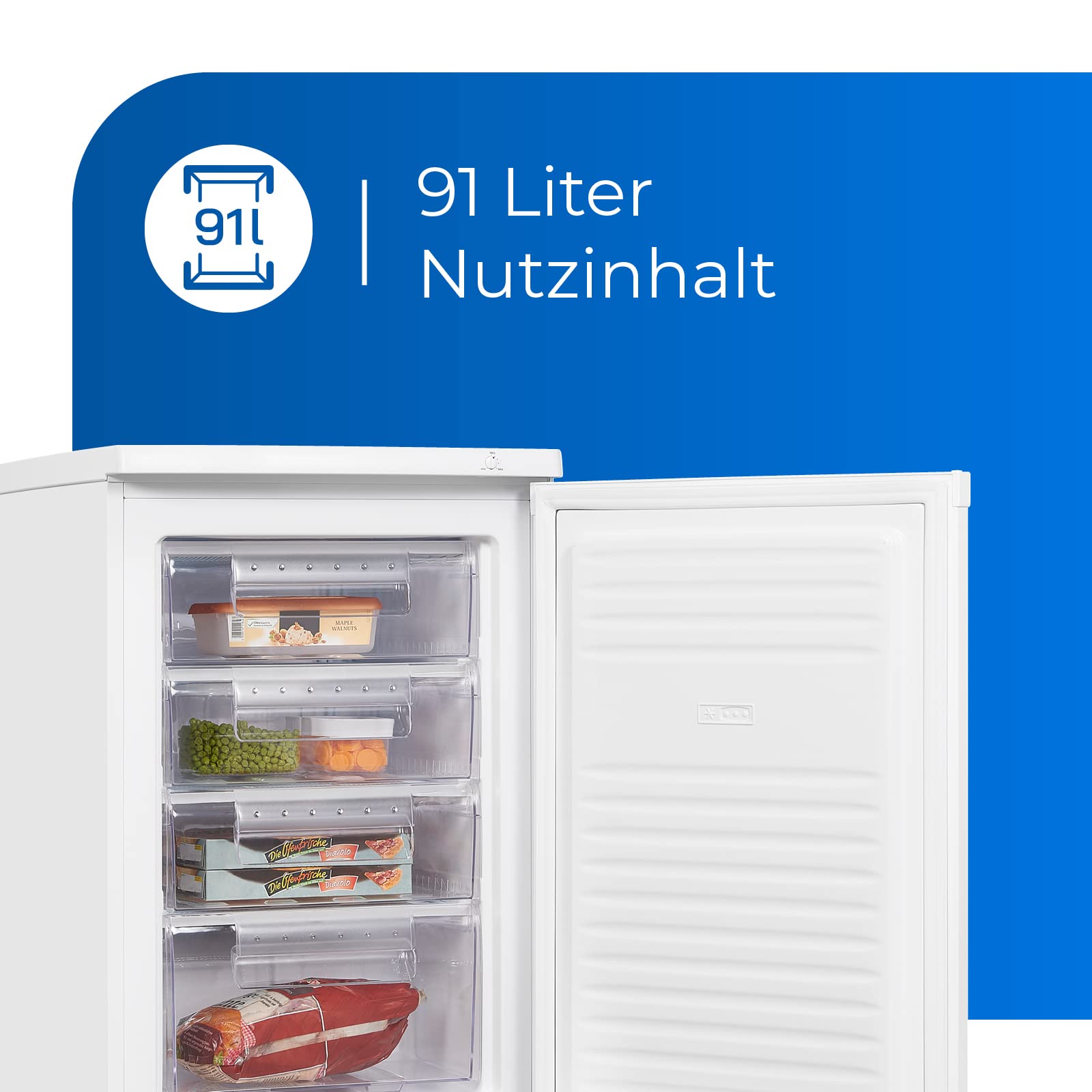 Exquisit GS12-040E Gefrierschrank - 91 L Standgerät - Tiefkühlschrank Weiß | Freistehendes Modell mit 4 Schubladen, wechselbarem Türanschlag und stufenloser Temperaturregelung für flexible Lagerung