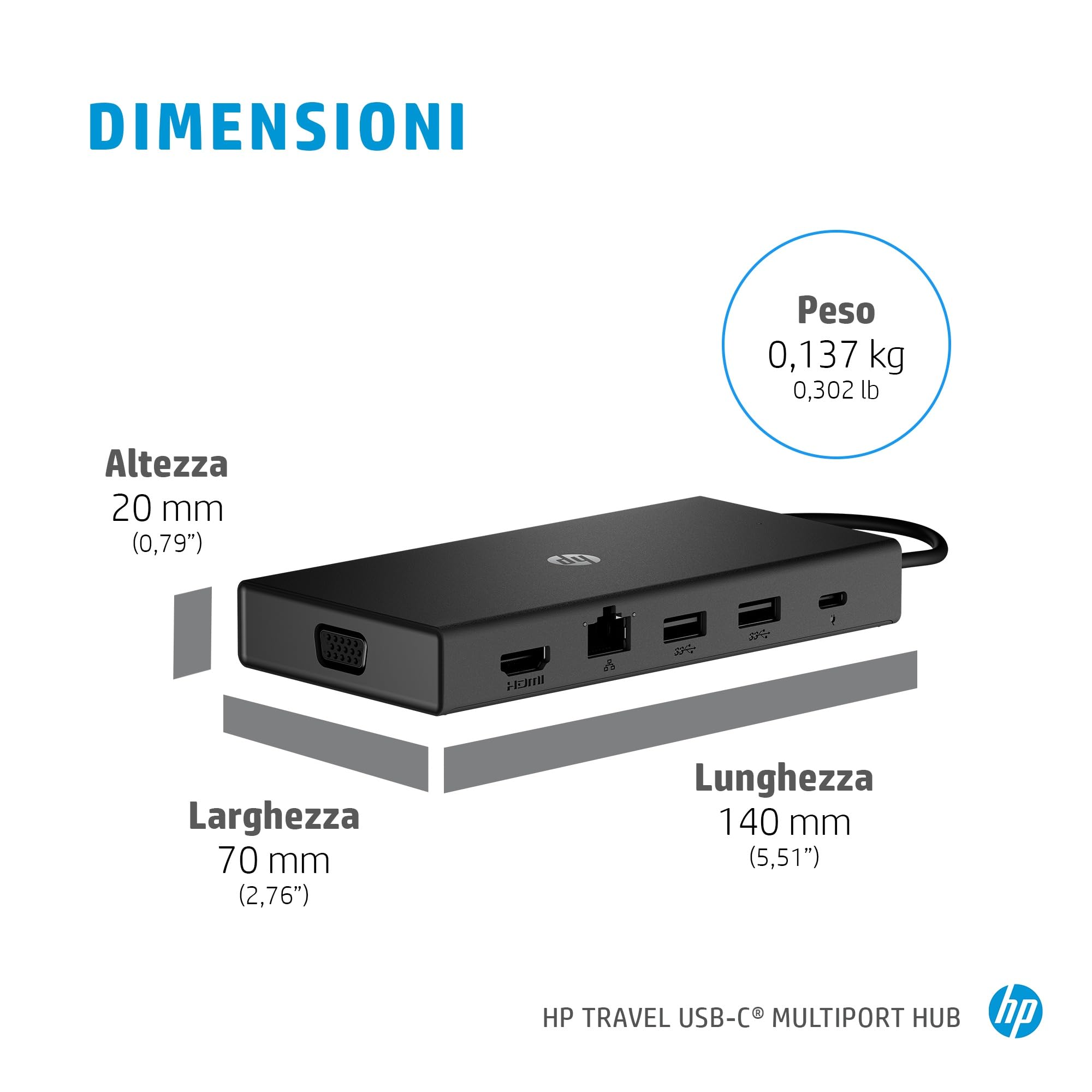 HP Hub Multi porta USB-C da Viaggio, Compatibile con PC dotati di Porta USB-C, Power Delivery e DisplayPort, Nero