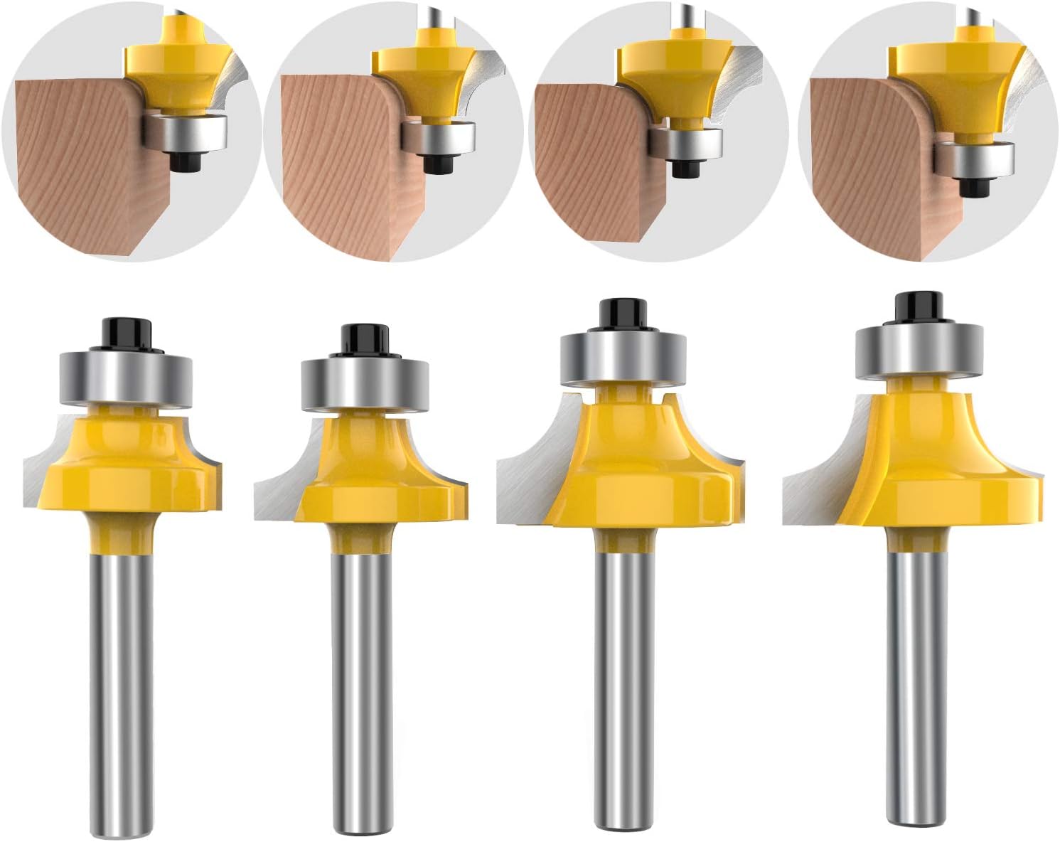 1/4 Inch Shank Roundover Edging Router Bit Set Corner Rounding Edge Forming Roundover Beading Router Bit Set (5/16" 3/16" 1/4" 1/8" Radius 4Pcs) by ROOCBIT