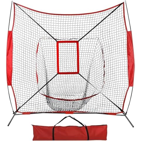 BBBuy 7' x 7' Baseball Softball Practice Hitting & Pitching Practice Net Batting Pitching Training Aid Net w/Carry Bag Strike Zone Metal Bow Frame Baseball Equipment Training Aids for All Skill Levels Cover