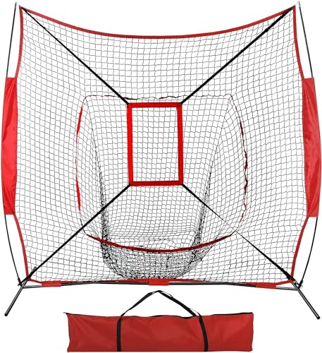 BBBuy 7' x 7' Baseball Softball Practice Hitting & Pitching Practice Net Batting Pitching Training Aid Net w/Carry Bag Strike Zone Metal Bow Frame Baseball Equipment Training Aids for All Skill Levels