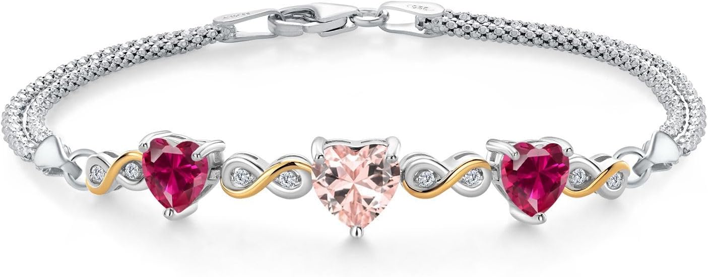 Gem Stone King 925 Silver and 10K Yellow Gold Peach Nano Morganite and Red Created Ruby and Lab Grown Diamond Bracelet For Women (3.25 Cttw, October Birthstone, Heart 7MM and 6MM, 6.5/7/7.5 Inch, Made