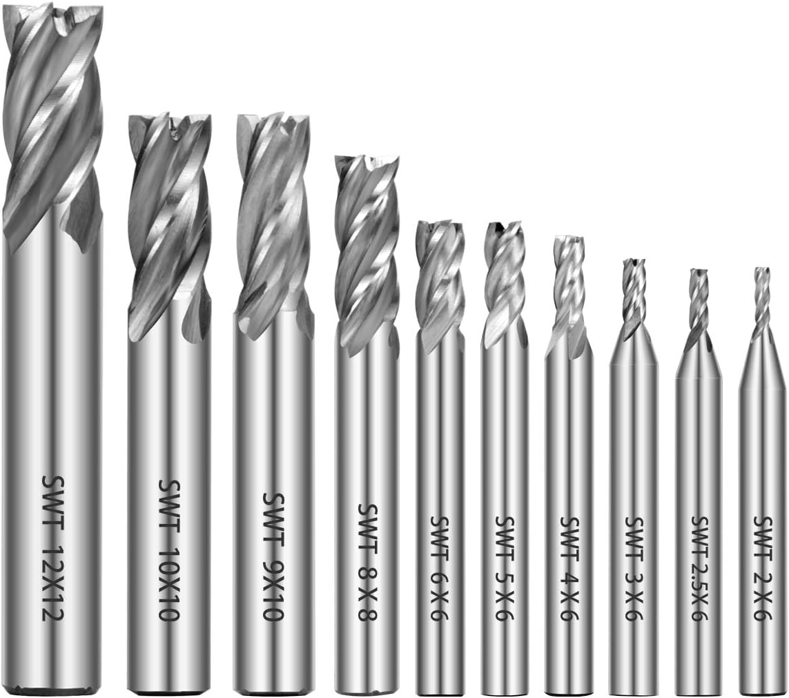 10PCS End Mill Bits, Qibaok HSS CNC End Mill Cutter Drill Bits for Wood, Aluminum, Titanium, Straight 4 Flute Mill Bit Set 2/2.5/3/ 4/5/ 6/8/ 9/10/ 12 mm