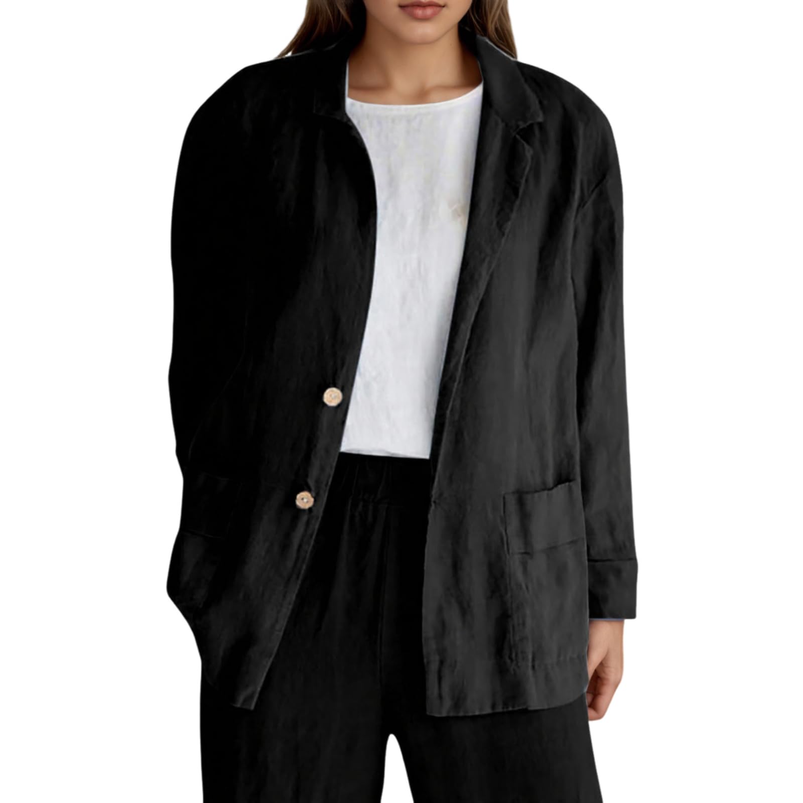 Womens Linen Blazer Long Sleeve Lapel Collar Button Down Suit Blazer Spring Fall Lightweight Loose Jackets