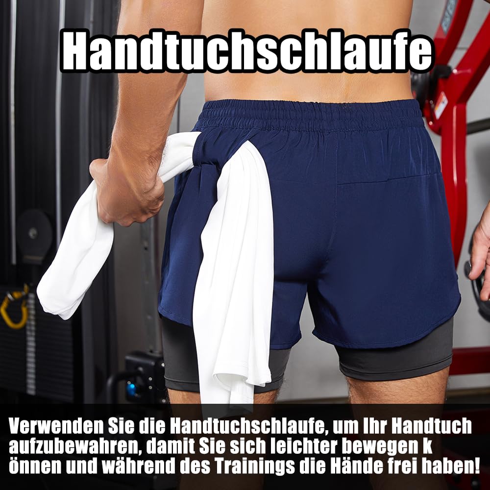 Pantaloncini da corsa da uomo, 2 in 1, per palestra, atletica, attività all'aperto, maratona, allenamento, con tasche integrate