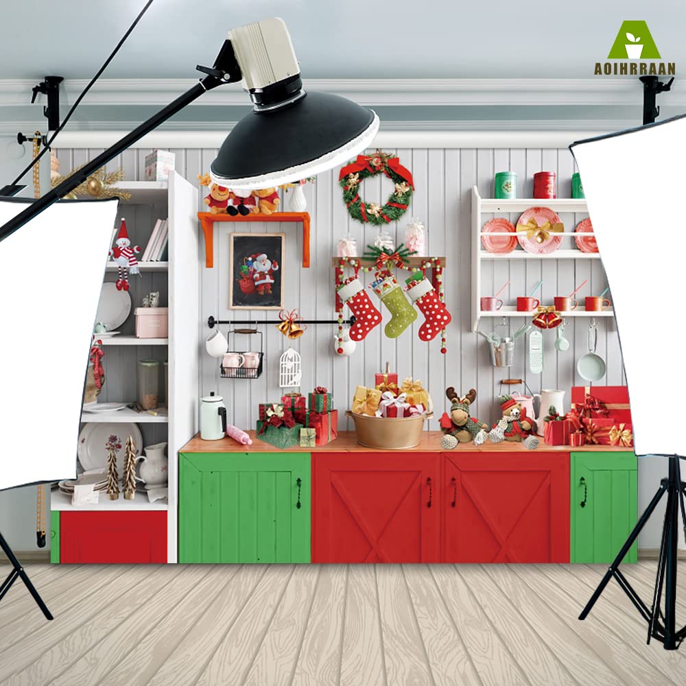 Aoihrraan 3 x 2,5 m świąteczny sklep fotografia tło czerwone i zielone Boże Narodzenie sklep kuchnia szafka skarpetki wieniec tło Sylwester festiwal rodzina impreza dzieci urodziny portret studio fotograficzne rekwizyty