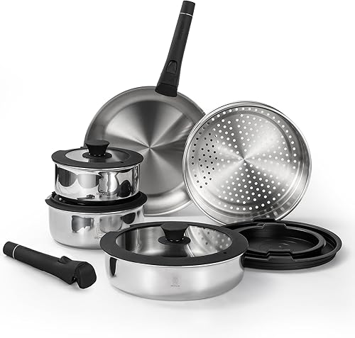 ROYDX- Juego de 16 ollas y sartenes, juego de utensilios de cocina de acero inoxidable 1810 con asas desmontables ajustables para caravana, apto