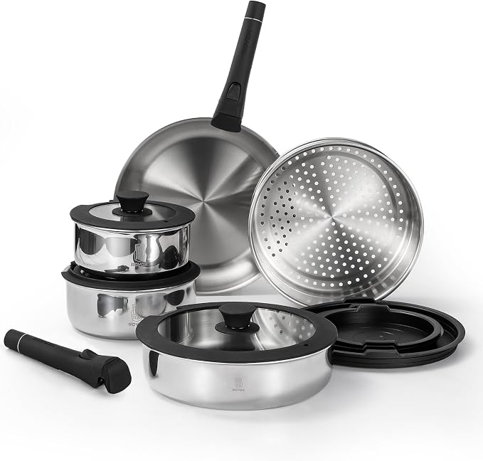 ROYDX 3-Ply Pots and Pans Set, 18/10 Stainless Steel Kitchen Removable Handle Cookware Set,PFOA Free, for All Stoves, Suitable for Home, RV, Boat, Camping, Space Saving Induction Oven Safe