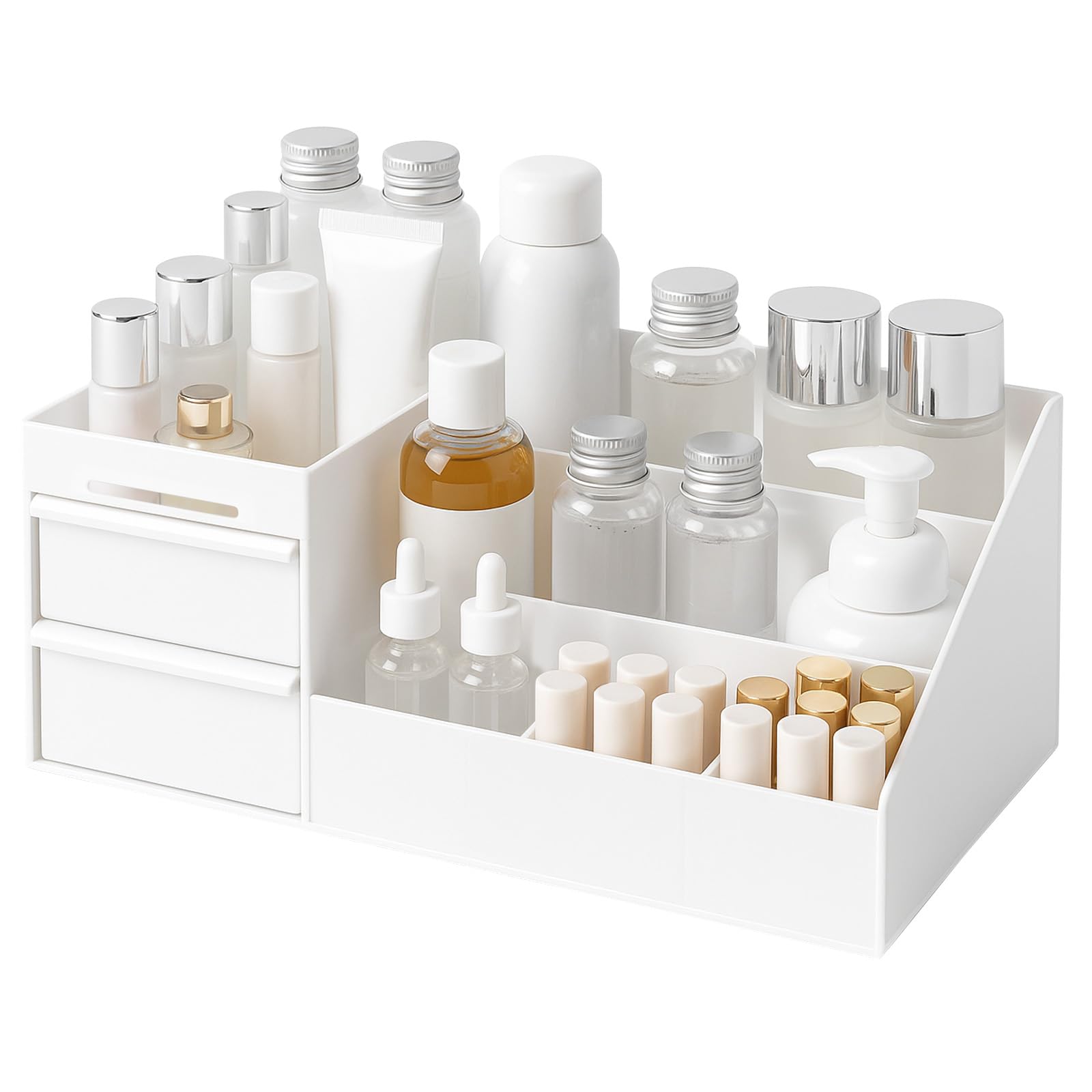 Sunnynest White Makeup Organizer Storage Drawers Makeup Box With Drawers, Large Capacity Cosmetic Organisers For Lipsticks Jewelry Nail Organiser For Vanity Ideal Desk Organizer For Dresser And Bathroom