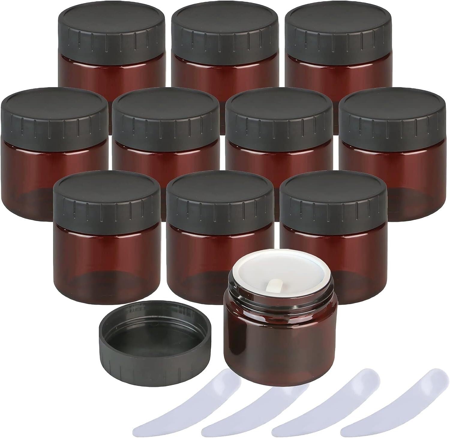 FLYIODFCXV cosmetic jar, Pack of 12, Empty Brown Plastic Cosmetic Jar Pots with Inner Liners and Black Lids(100ml)