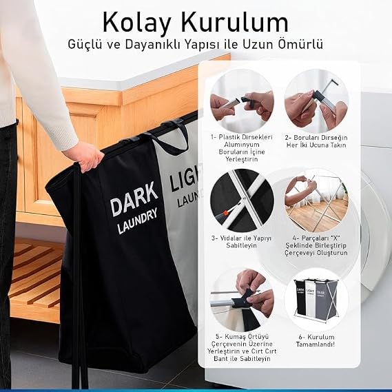 Valkyrie 3 Bölmeli Katlanabilir Çamaşır Sepeti Siyah Beyaz Renk Ayırmalı Çamaşır Organizer