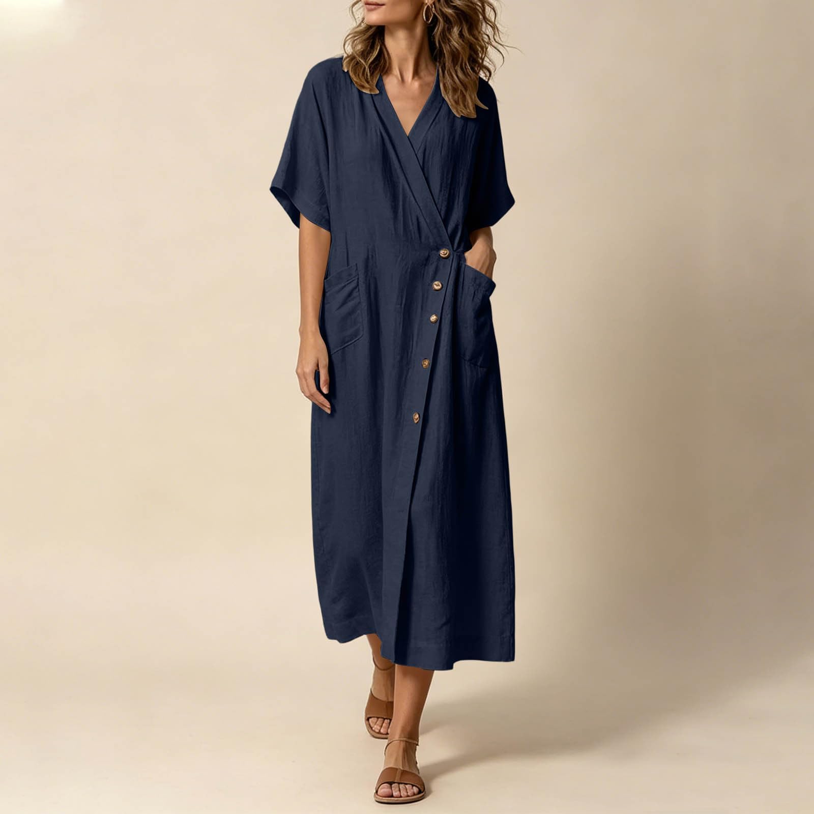 Vestido Casual De Mujer Con Diseño Cruzado Escote En V Botones Laterales Y