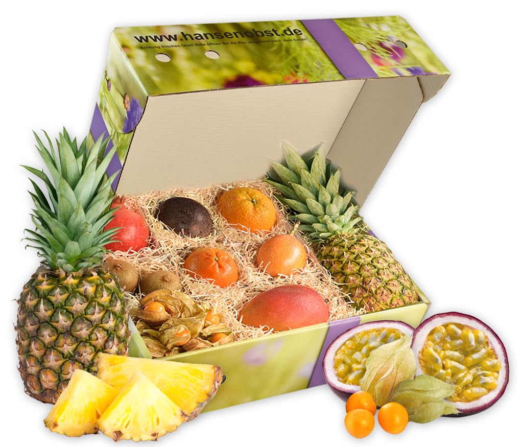 Hansen Obst Geschenkbox "Südseereise" mit Geschenkverpackung "Die Blumenwiese" - Geschenk mit frischem Obst - Obstbox mit exotischen Früchten - Geburtstagsgeschenk - exotische Früchte