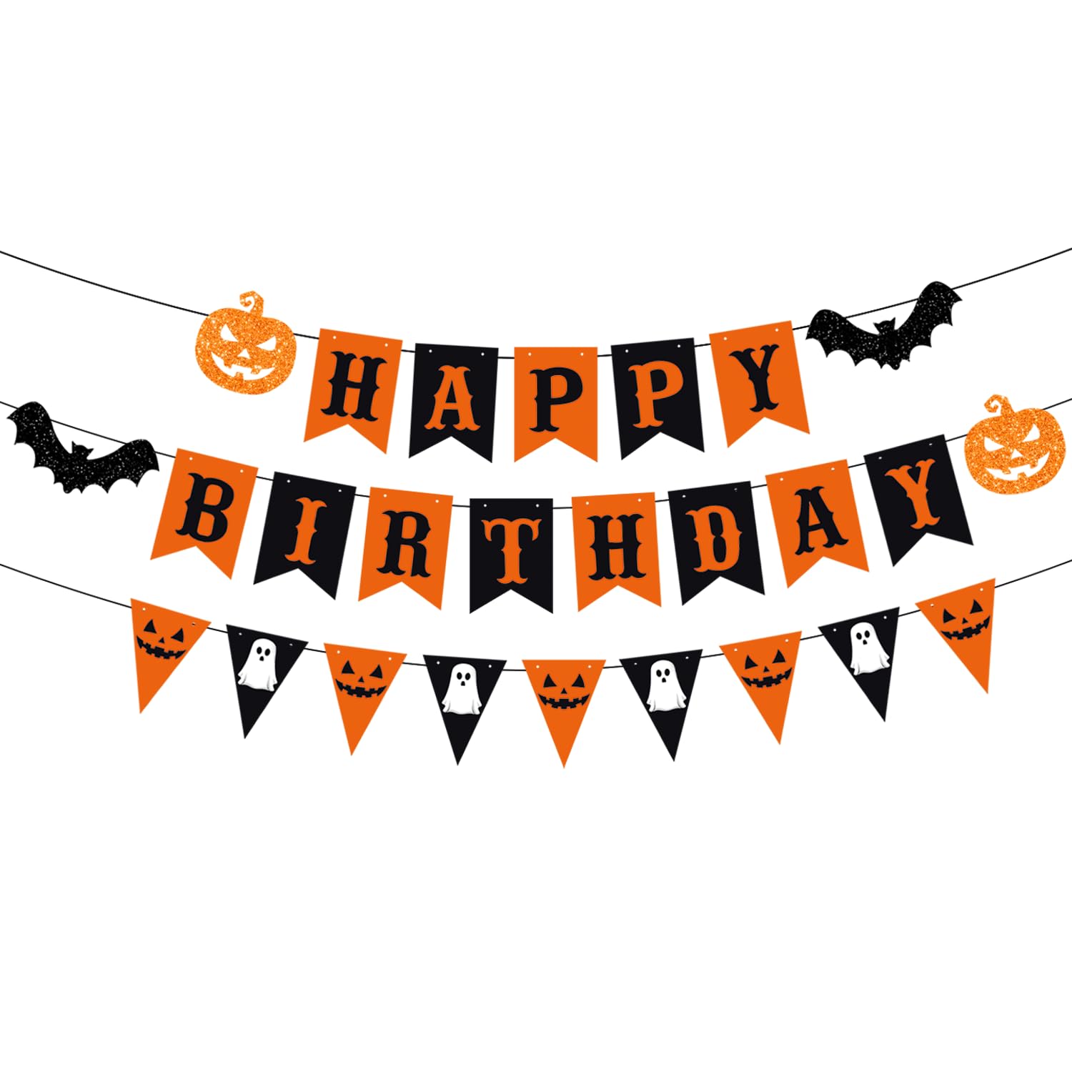 Halloween Happy Birthday Banner – Schwarz-orange Mit Glitzer-Kürbis & Fledermaus, 3m Lang