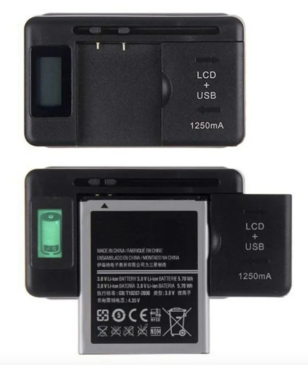 2in1 USB + CA100-240V Caricabatterie | Universale Caricabatterie per Telefono Cellulare per Batterie 32-50mm | Con Schermo LCD | Caricabatterie USB per Fotocamera DSLR Telefono Cellulare