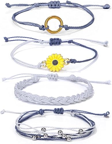 Caiyao 4 pulseras tobilleras de ondas de surfista de verano, de hebra ajustable, trenzadas, impermeables, hechas a mano, con girasol, tobilleras,