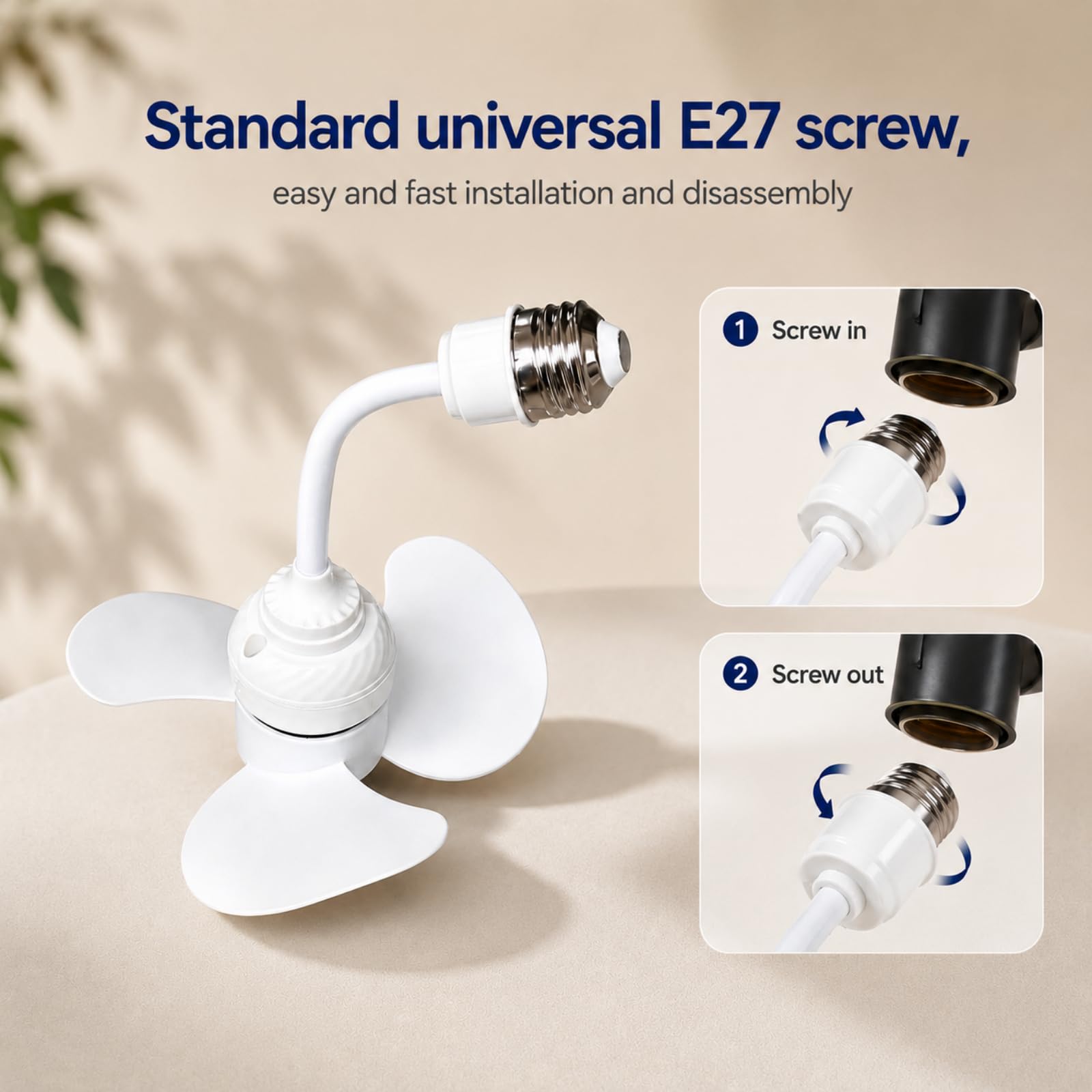 Kit di ventilatore con presa E27 con adattatore di presa, mini ventilatore elettrico silenzioso con collo d'oca flessibile, base per lampadina e risparmio energetico, ventilatore da scrivania
