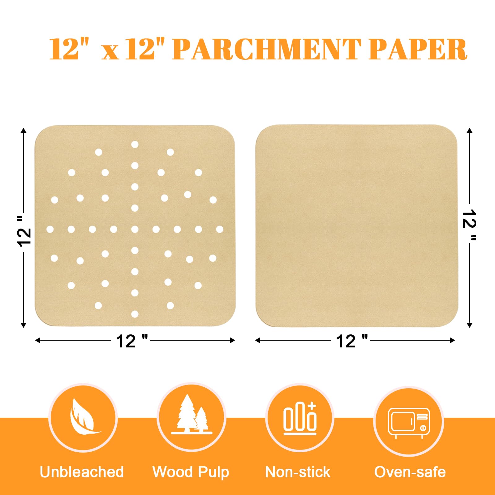 Golden Associate Forros de papel pergamino desechables de 12 x 12 pulgadas, 130 piezas, combo de hojas perforadas y sin agujeros, 65 piezas cada uno, freidora de aire, horno, tostador, bandeja