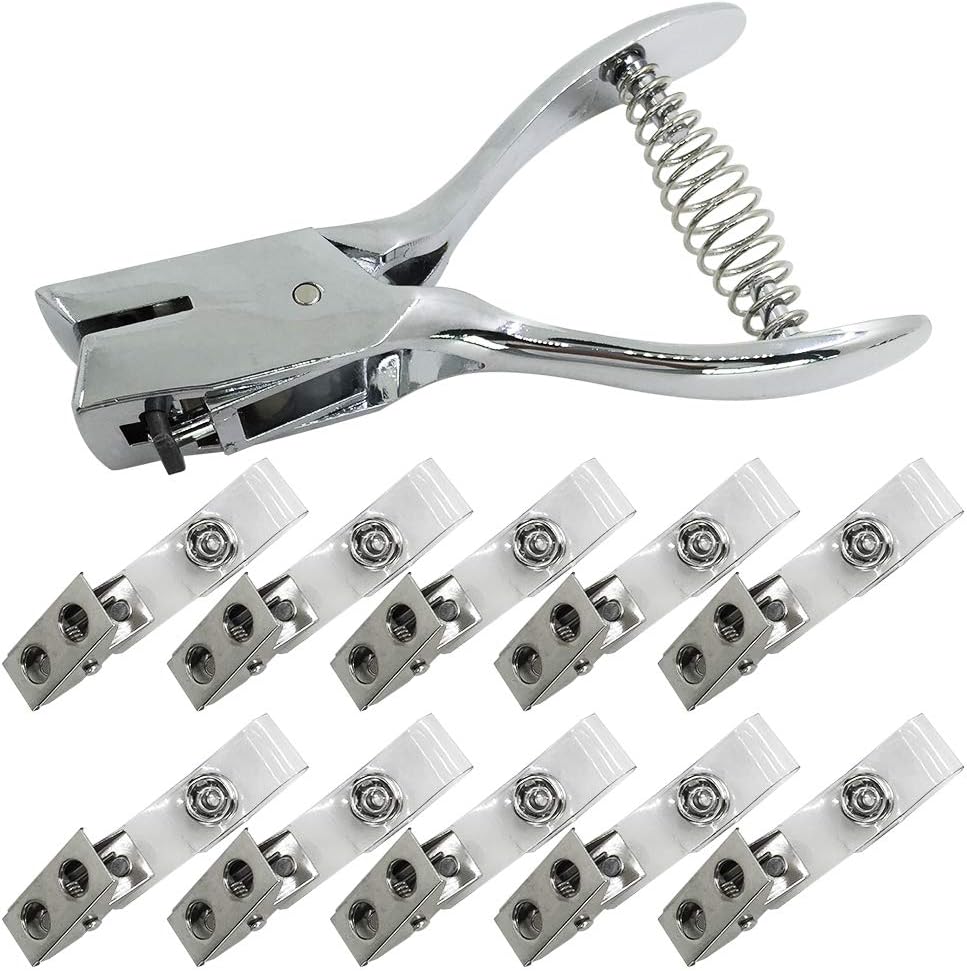 Slot Punch & 10 Pcs Metal Badge Clips with PVC Straps, SENHAI Badge Hole Punch Plier Puncher Tool for PVC ID Card Holders Hand Held