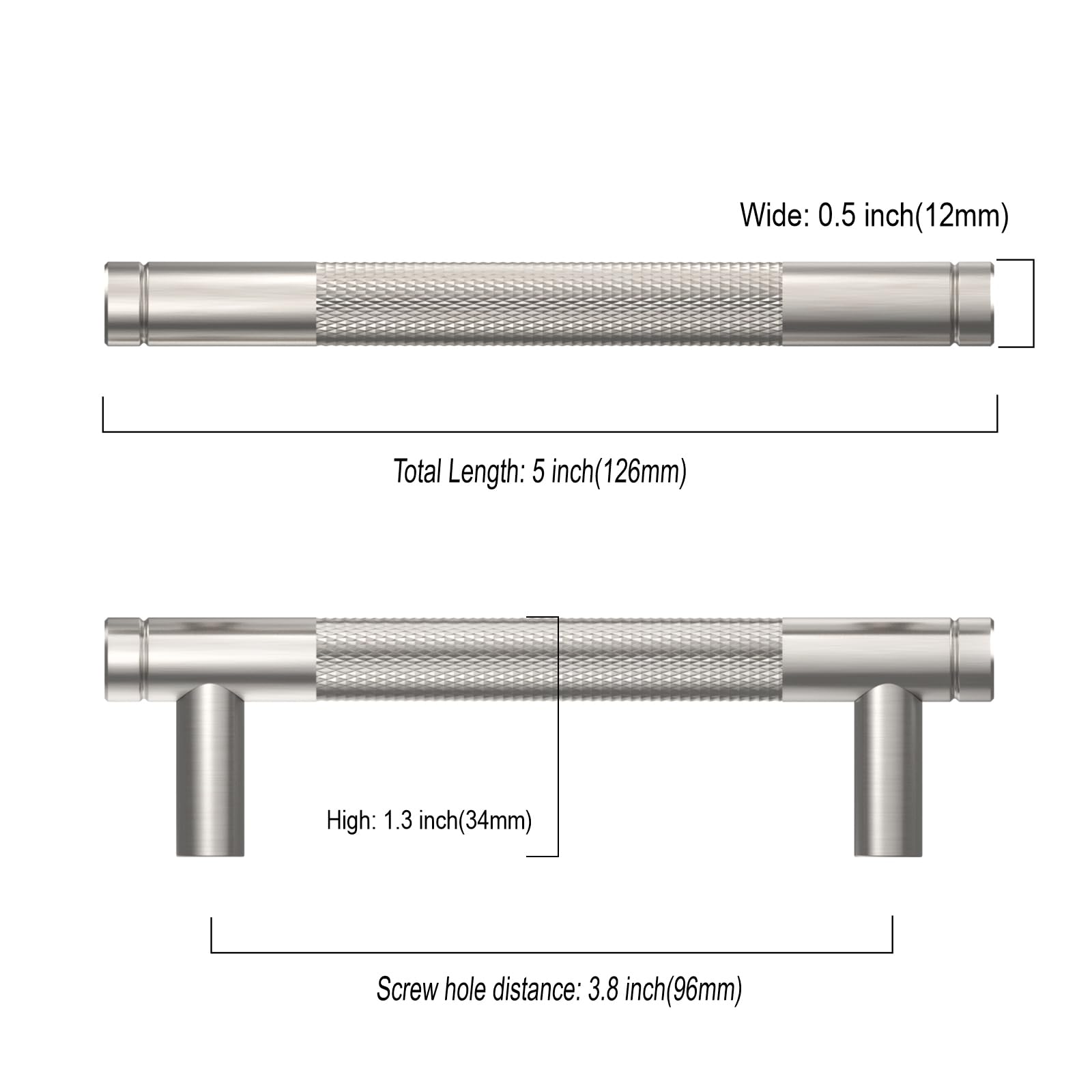 Paquete de 10 tiradores de gabinete de níquel satinado cepillado de 3.75 pulgadas (96 mm), color plateado moleteado, tiradores para gabinetes de cocina, cajones y armarios