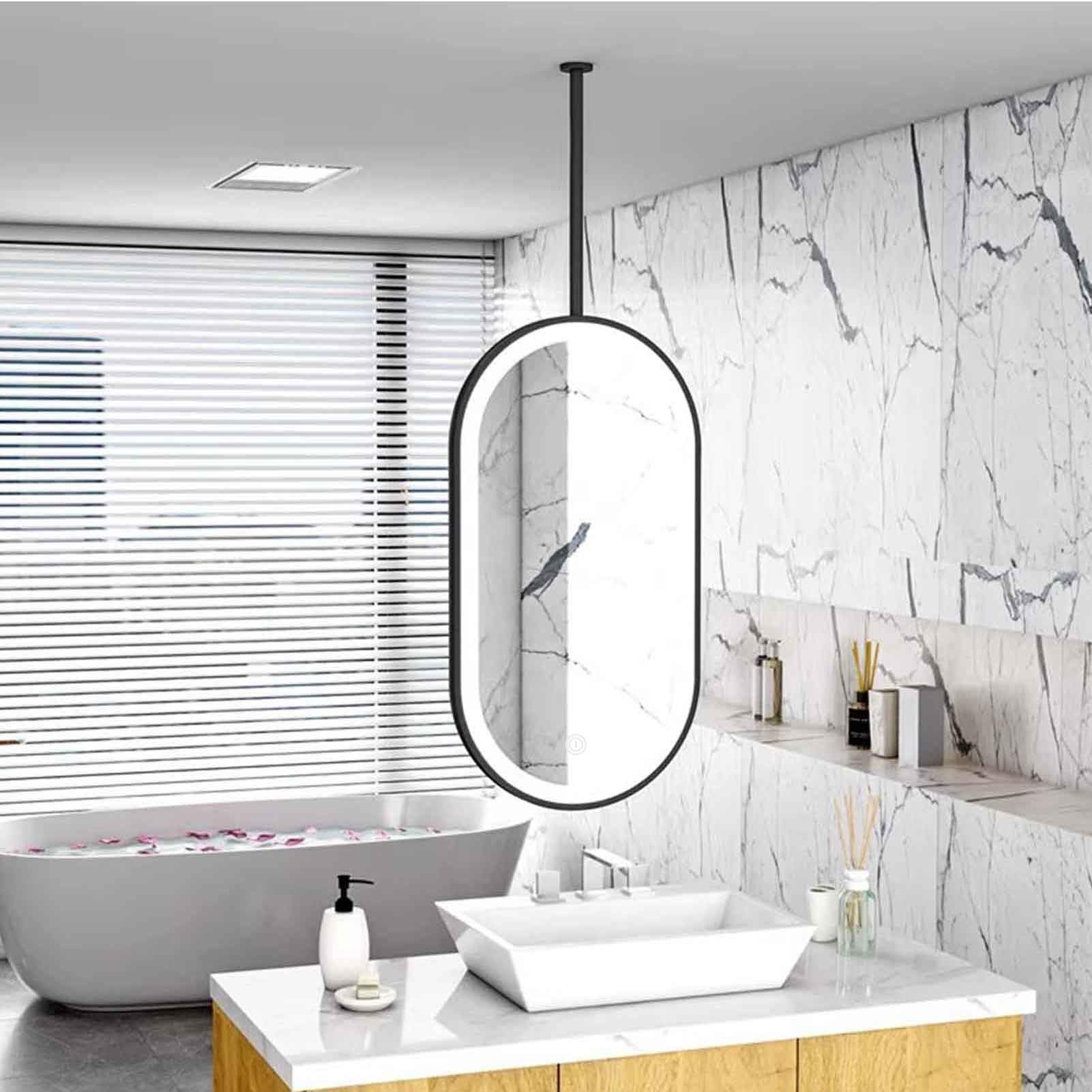 FGXHHS Customizable Floating Rod LED Bathroom Vanity Mirror, Black Decor Oval Mirror for Ceiling, Clear Practical Makeup Shower Shaving Mirrors(40cmx70cm)