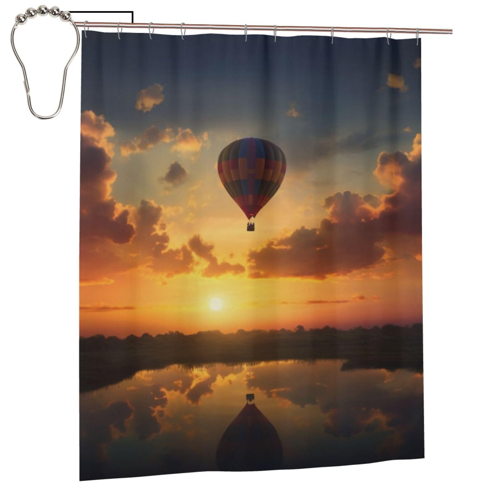 BWWHCCTI Hot Air Balloon Sunset Printed Shower Curtain With 12 Iron Hooks Opaque Quick Drying Waterproof Shower Curtains Sets For Bathroom 152x183 Cm