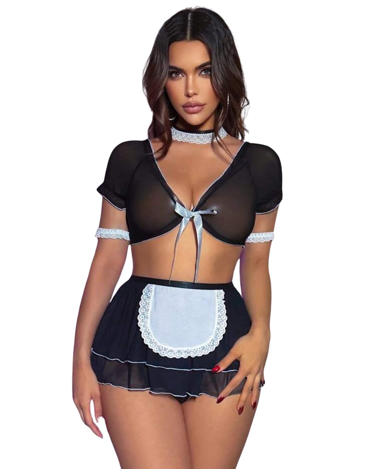 LUXZII Women Babydoll Lingerie Maid Costume Set, Sheer Crop Top & Mini Skirt with Apron Nightwear (Free Size)-image-29