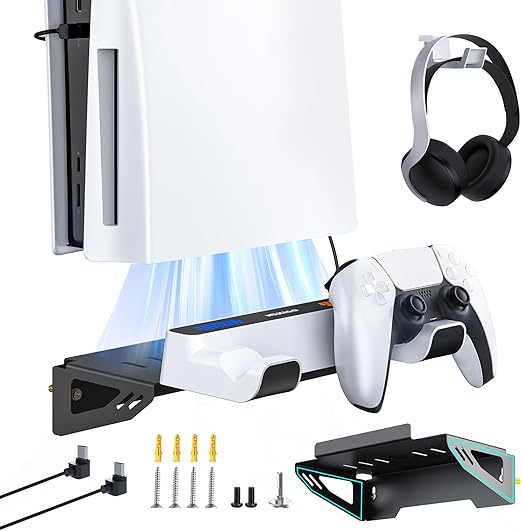 NexiGo PS5 and PS5 Slim Wall Mount Kit with Charging Station, Dual Controller Chargers, Steel Wall Stand, and Headphone Hanger - Compatible with PlayStation 5 (Disc & Digital)