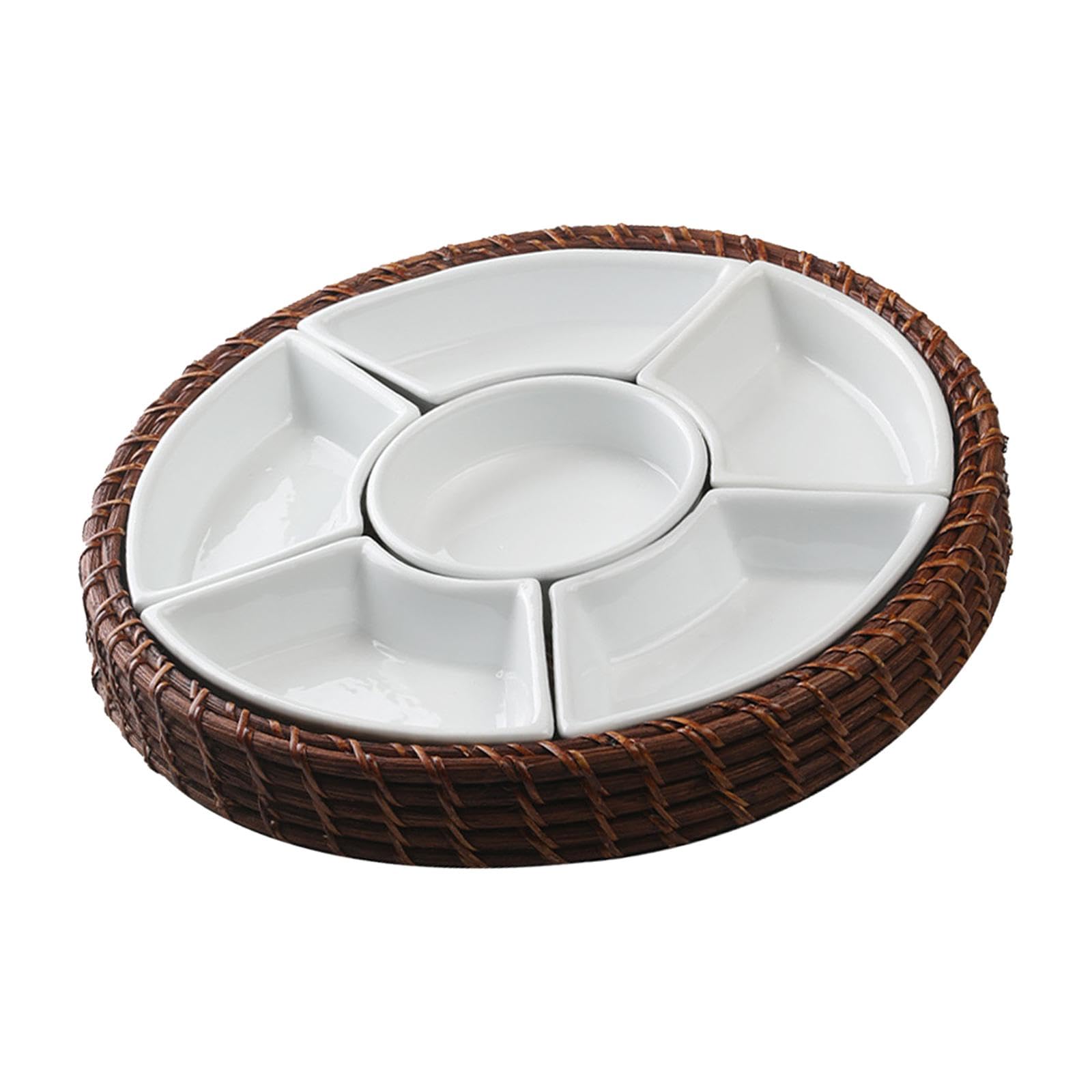 Bandeja Dividida para Snacks con Compartimentos Desmontables Plato de Aperitivos para Frutas Bandeja de Rattan y Diseño Pastoral Adecuada, Marrón