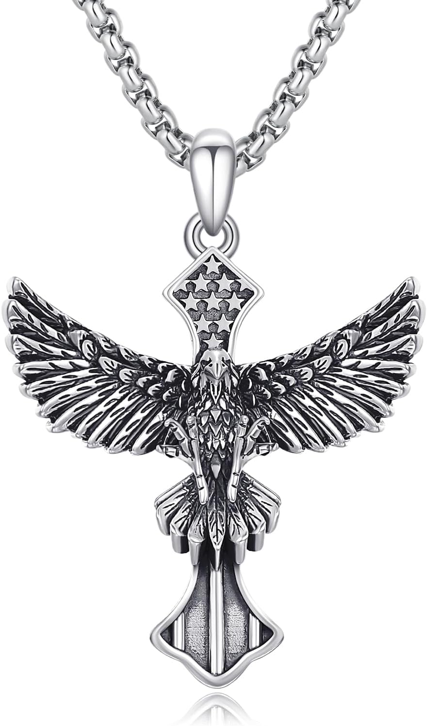 Eagle Necklace for Men 925 Sterling Silver American Flag Cross Necklace American Eagle Cross Patriotic Pendant Independence Day Jewelry for Men Women