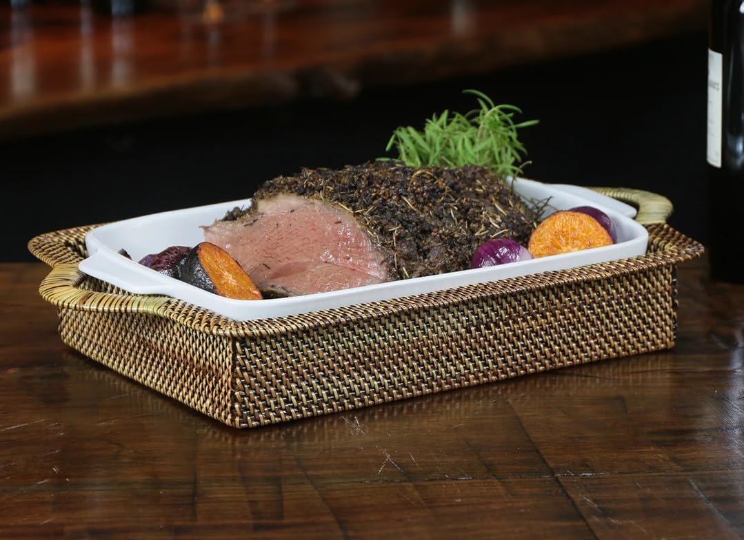 Rectangular Casserole Basket with Stoneware Roaster, Large 3QT