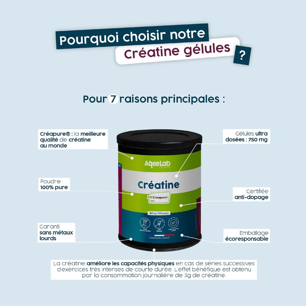 Créatine CREAPURE® • Augmentation de la Force + Performances • Pot de 300g • Made in FR • Testée en laboratoire indépendant • Eco-responsable •Aqeelab