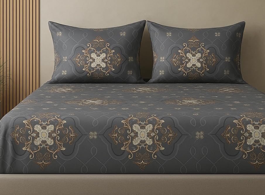 Image of 400 TC Cotton Feel Glace Cotton Fully Elastic Fitted Bedsheet Queen Size Double Bed with 2 Pillow Covers (60 inch x 78 inch inches, Perth)
