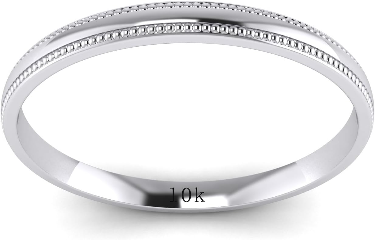LANDA JEWEL Solid 10k White Rose Yellow Gold 2mm Light Court Shape Comfort Fit Polished Wedding Ring Milgrain Band